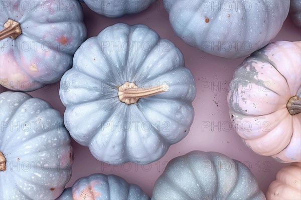 Banner with pastel pink and blue muscade pumpkins. Generative AI, AI generated