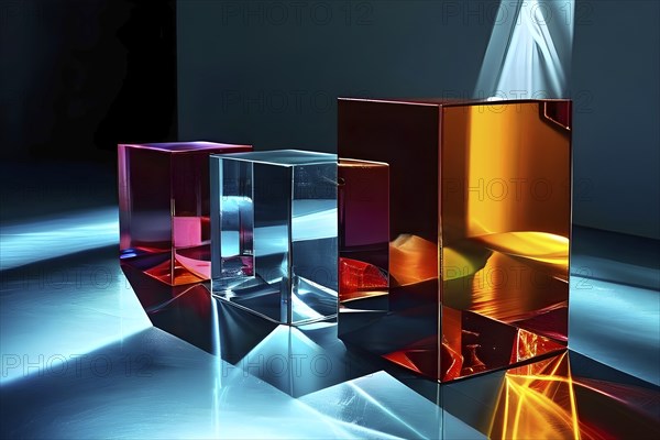 Reflective glass sculptures in abstract forms, AI generated