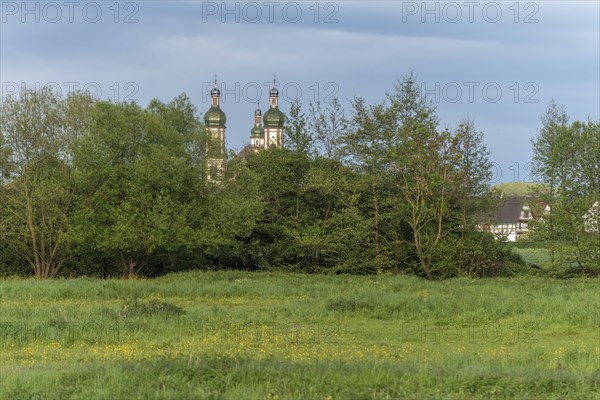 The baroque Saint-Maurice church in Ebersmunster surrounded by meadows in spring. Bas Rhin, Alsace, France, Europe