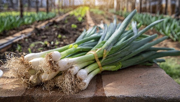 Vegetable, spring onion or spring onion, also winter onion, Allium fistulosum, harvest in a greenhouse in the Nuremberg region, Bavaria, Germany, Europe
