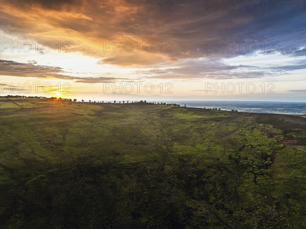 Sunset over Cod Beck Reservoir from a drone, North York Moors National Park, North Yorkshire, England, United Kingdom, Europe
