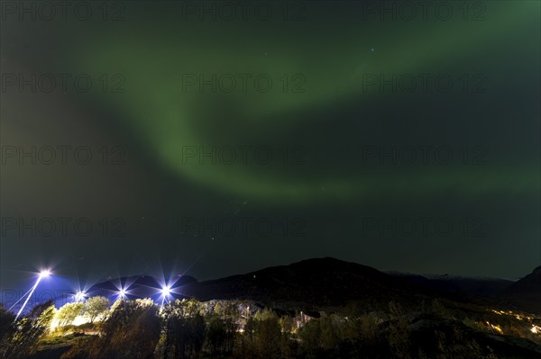 Northern Lights, (Aurora borealis) at a fjord near Skjiervoya, September 2024, Lapland, Finnmark, Norway, Europe