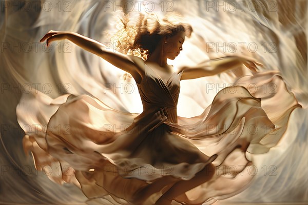 AI generated vintage photograph capturing a dancer in mid twirl movements traced with modern digital effects