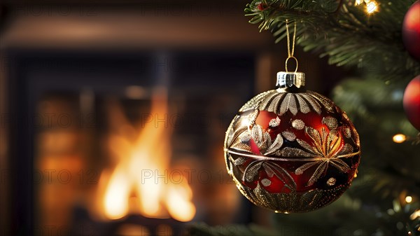 Christmas ornament hanging on a tree, with reflections of twinkling lights and fireplace flames flickering in the background, AI generated