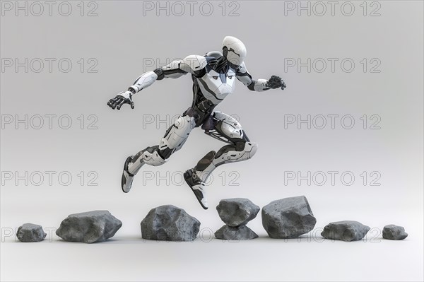 Futuristic humanoid cyborg running and jumping over rocks in front of a white background, AI generated