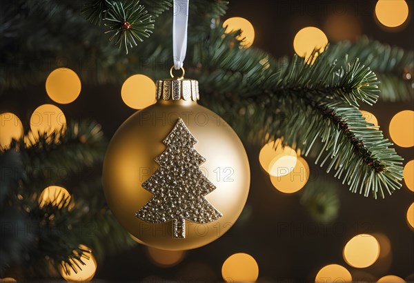 Christmas ornament hanging on a tree, with reflections of twinkling lights and fireplace flames flickering in the background, AI generated