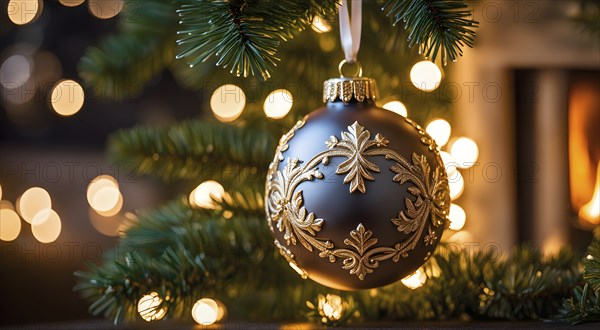 Christmas ornament hanging on a tree, with reflections of twinkling lights and fireplace flames flickering in the background, AI generated