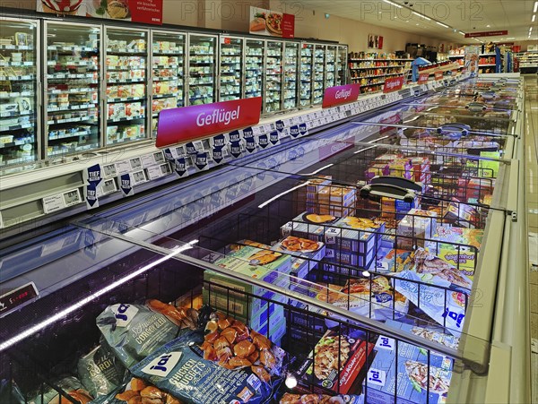 Frozen goods in a supermarket aisle, Neuernurg, Rhineland-Palatinate, Germany, Europe
