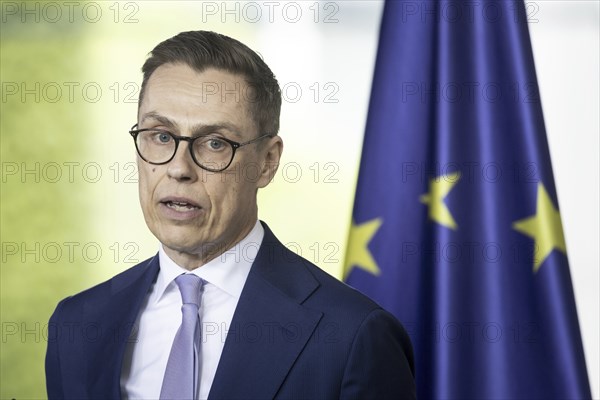 Alexander Stubb, President of the Republic of Finland, recorded during a press statement together with Olaf Scholz (SPD), Federal Chancellor, at the Federal Chancellery in Berlin, 8 May 2024