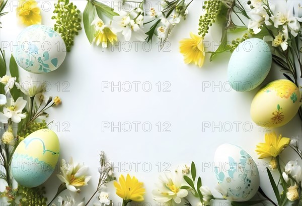 Easter card with delicate hand-drawn illustrations, placed among fresh flowers and decorated eggs, empty space for text, AI generated