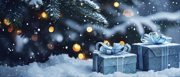 Collection of beautifully wrapped Christmas presents, shiny ribbons and bows, stacked under a snow-dusted evergreen tree in a snowy outdoor setting, AI generated