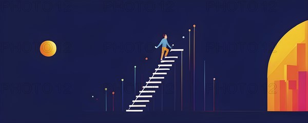 Vector illustration of a person going upstairs as symbol for self growth and personal development, AI generated