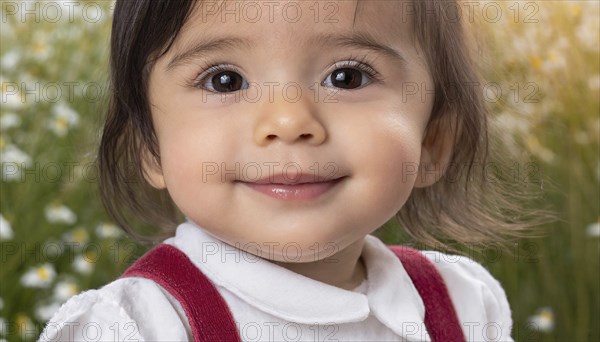 A girl with brown hair and a red dress smiles innocently in front of a field of flowers, AI generated, AI generated