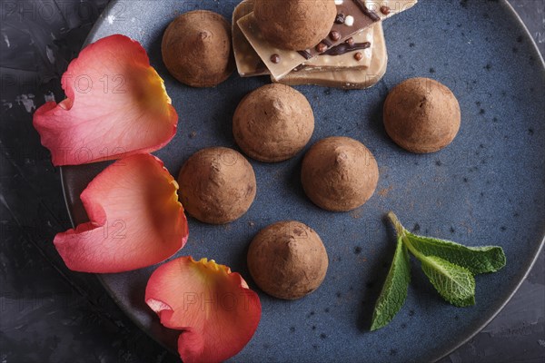 Chocolate truffle on blue ceramic plate on black concrete background decorated with rose petals. close up, top view