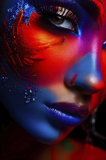Close up portrait of an intricate eye makeup with vividly colored eyelids, AI generated