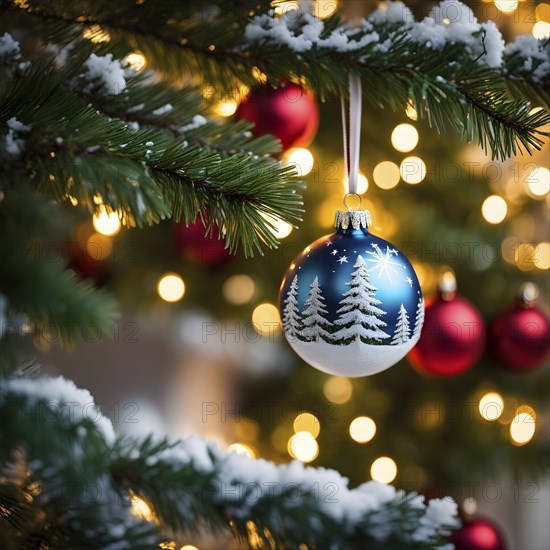 Christmas ornament hanging on a tree, with reflections of twinkling lights and fireplace flames flickering in the background, AI generated