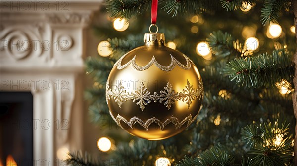 Christmas ornament hanging on a tree, with reflections of twinkling lights and fireplace flames flickering in the background, AI generated