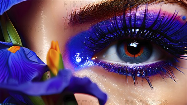 Close up portrait of an intricate eye makeup with vividly colored eyelids, AI generated