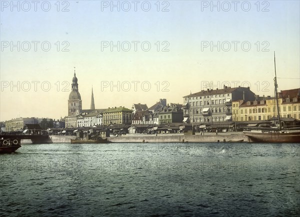 Panorama at the harbour, Riga, formerly Russia, today Latvia, around 1890, Historic, digitally enhanced reproduction of a photochromic print of the time