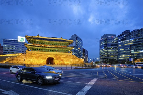 Seoul, South Korea, April 1, 2016 : Namdaemun Gate Sungnyemun at night with city traffic, Seoul, South Korea, Asia