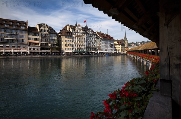 View from the Chapel Bridge onto the hotel promenade, Hotel des Alpes, Old Town, Lucerne, Switzerland, Europe