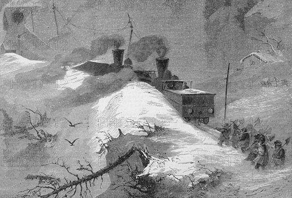 A train in an accident in the middle of the snow on the railway line over the Brenner Pass, 1869, Italy, Historic, digitally restored reproduction of an original 19th century painting, exact original date not known, Europe