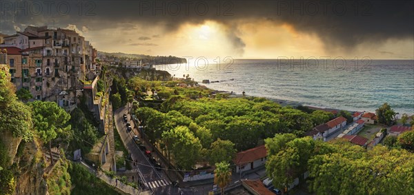 Sea view from the historic old town of Tropea at sunset, Tropea, Vibo Valentia, Calabria, Southern Italy, Italy, Europe