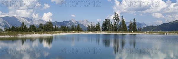 Reservoir pond at Gschwandtkopf, Karwendel Mountains, Alps, Seefeld, Tyrol, Austria, Europe