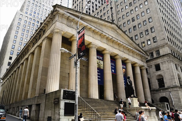 New York City, USA, June 20, 2018: Low angle view of Federal Hall National Memorial building in Financial District of NYC, North America