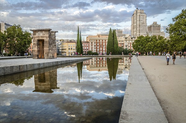 Madrid, Spain, September 27, 2014: Sunset on Temple of Debod. Temple of Debod. It is an Egyptian temple dating back to the 2nd century BC. The temple was donated to Spain by the Egyptian government, Europe