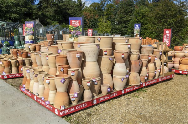 Variety of planter pots on display at Notcutts garden centre, Woodbridge, Suffolk, England, UK