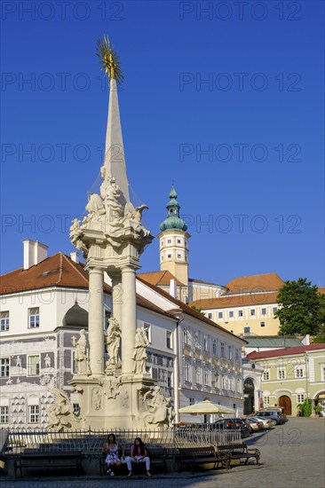 Market square with town hall, Pomona Fountain and Trinity Column, St Wenceslas Church, Old Town, Mikulov, Breclav District, Jihomoravský Region, South Moravia, Czech Republic, Europe