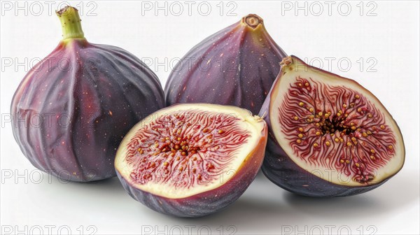 Ripe purple figs displayed whole and sliced, displaying intricate texture, AI generated