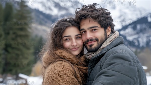 Couple in scenic snowy location, dressed warmly, radiating natural beauty and connection, AI generated