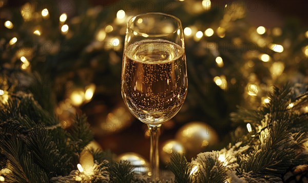 A glass of champagne is in a wreath of Christmas lights. Scene is festive and celebratory AI generated