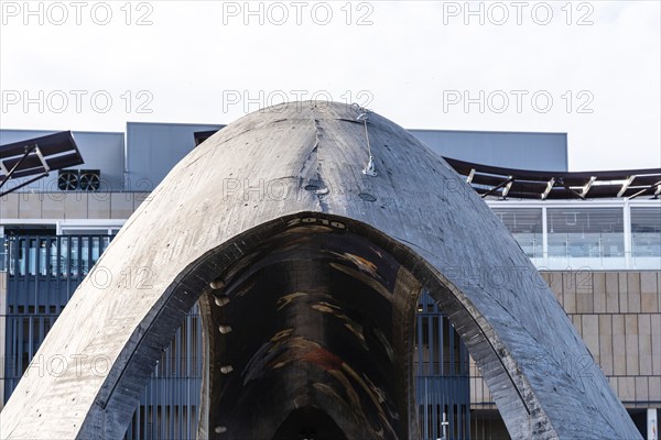 Madrid, Spain, December 9, 2019: Modern concrete bridge over Manzanares River in Madrid RIo area, Europe