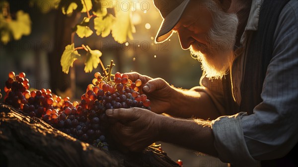 Weathered vintner inspects his wine grape harvest in the vineyard. generative AI