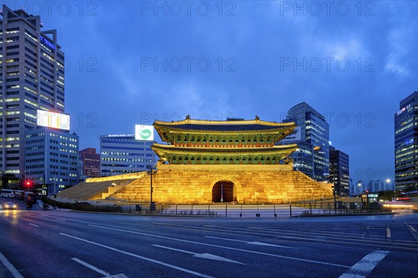 Seoul, South Korea, April 1, 2016 : Namdaemun Gate Sungnyemun at night with city traffic, Seoul, South Korea, Asia