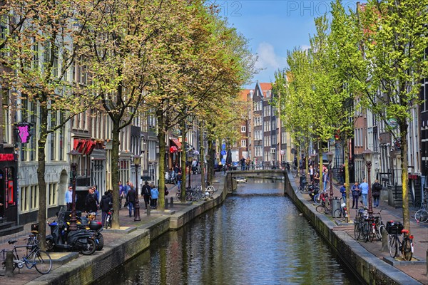 AMSTERDAM, NETHERLANDS, MAY 7, 2017: Amsterdam street with canal with old houses. Red lights district, Amsterdam, Netherlands