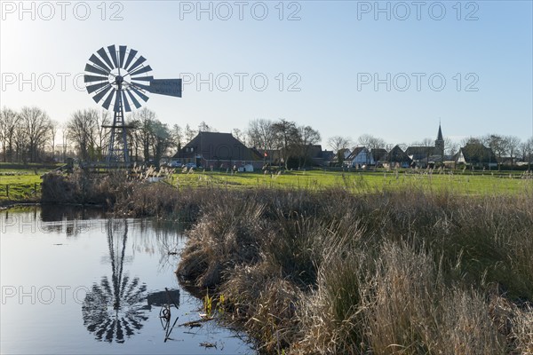 Mill with view of Earnewald, National Park De Alde Feanen, the old fen, Earnewald, Eernewoude, Friesland, Fryslân, Netherlands