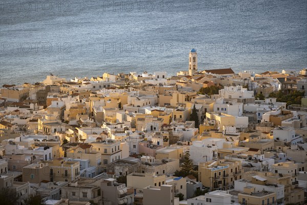 View from Ano Syros to the houses of Ermoupoli and church in the morning light, Ano Syros, Syros, Cyclades, Greece, Europe