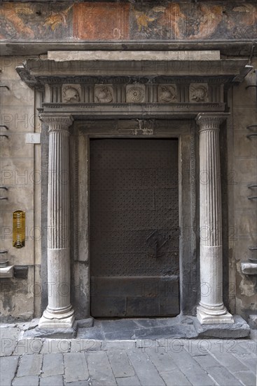 Columns and historical frescoes at the entrance to the former Palazzo Pinelli Parodi in the historic centre, Piazza Pinelli no. 2, Genoa, Italy, Europe