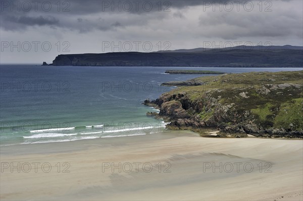 Rain clouds over Durness beach, Sutherland, Scottish Highlands, Scotland, UK