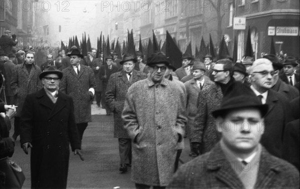 With black flags, miners of the Bismarck colliery and their relatives demonstrated against the closure of their colliery on 19 February 1966, Germany, Europe