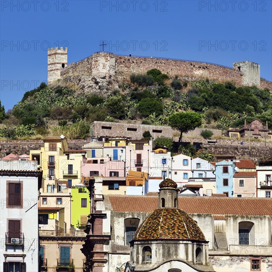 View over colourful houses to Malaspina Castle, old town of Bosa, Oristano, Sardinia, Italy, Europe