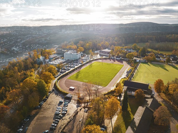Aerial view of Wimberg stadium in autumn, Calw, Black Forest, Germany, Europe