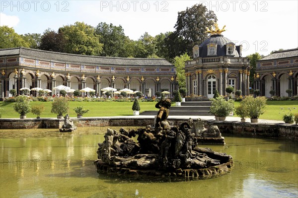 Waterworks and New Palace with Temple of the Sun at the Hermitage in Bayreuth, Upper Franconia, Bavaria, Germany, Europe