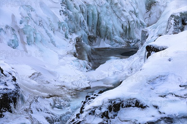 Icy and snow-covered Kolugljufur Canyon, Northern Iceland Vestra, Iceland, Europe