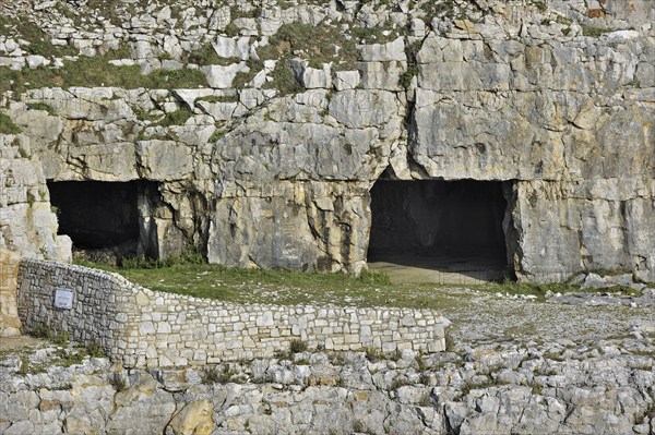 Tilly Whim quarry and caves at Anvil Point, Durlston Head on the Isle of Purbeck along the Jurassic Coast in Dorset, southern England, UK