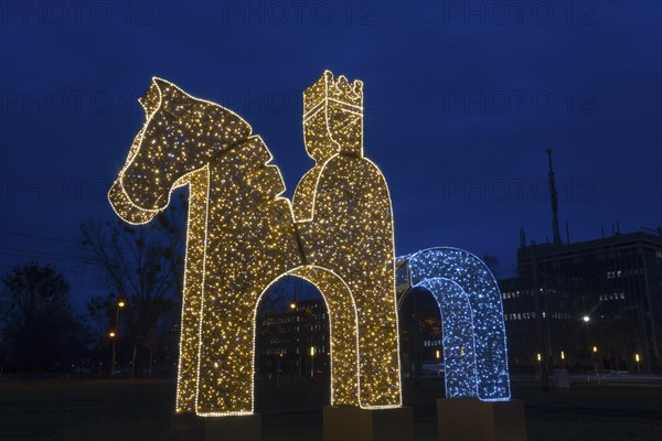 Germany's first emperor Otto the Great on his horse, world of lights, University Square, Magdeburg, most extensive Christmas and winter illumination in Central Germany, Saxony-Anhalt, Germany, Europe